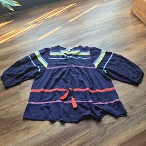 Studio JPR Navy Blue Boho Lace Trim Tassel Peasant Blouse Womens Medium Peasant